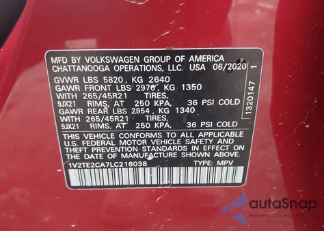 2020 Volkswagen Atlas Cross Sport 3.6L V6 Sel Premium R-Line z USA, uszkodzony, nr VIN 1V2TE2CA7LC216038